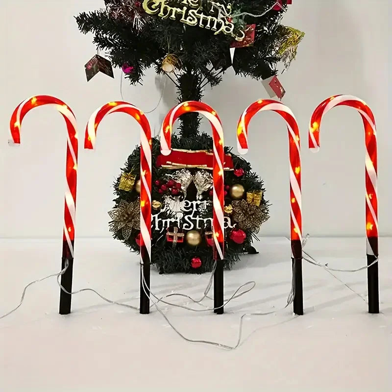5pcs Christmas Candy Cane Pathway Lights Outdoor Garden Xmas Driveway Markers Lamp For Home Garden Yard Lawn Patio Pool Decor