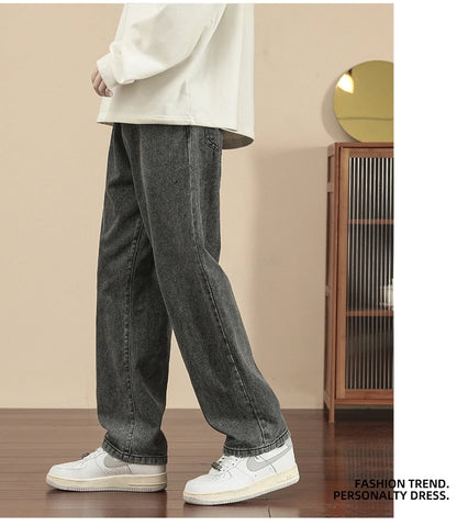 2023 New Korean Fashion Men's Casual Ankle-Length Jeans Classic Man Straight Denim Wide-leg Pants Light Blue Grey Black 3XL