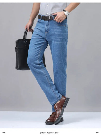 2025 Four Seasons New Men's Denim Business Pants High Quality Good Fabric Comfortable Slimming Straight leg Jeans Light Blue