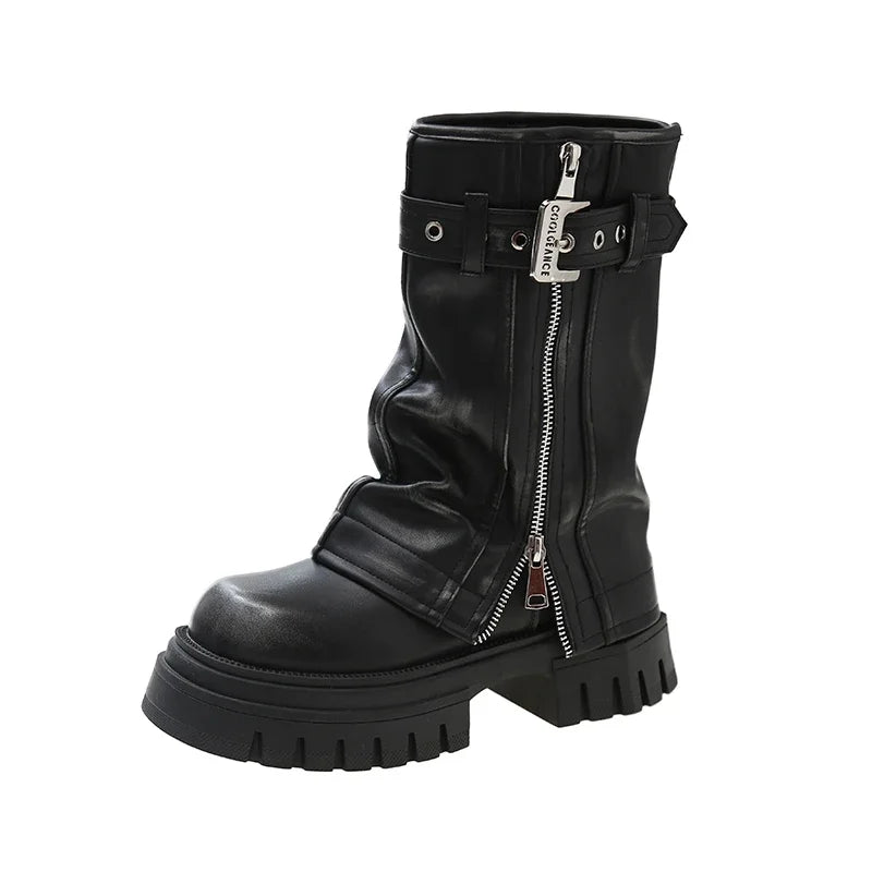 2023 New Shoes for Women Belt Buckle Women's Boots Fashion Side Zipp Modern Boots Women High Quality Round Toe Mid-Calf Zapatos