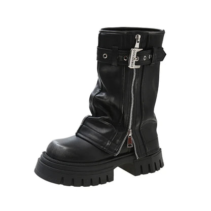 2023 New Shoes for Women Belt Buckle Women's Boots Fashion Side Zipp Modern Boots Women High Quality Round Toe Mid-Calf Zapatos