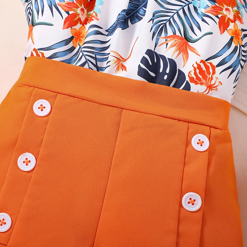 Kids Clothes Sets For Girls 4-7 Years Hanging Neck Sleeveless Top And Orange Shorts Summer Casual Vocation Party Two Piece Set