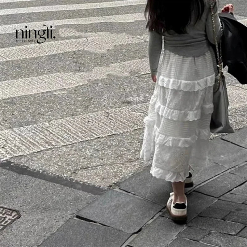 Kids Clothes For Girls Skirts Children Spring Lace Layered Dress Toddler White Casual Long Skirt Kids Fashion Clothing 2-8Y