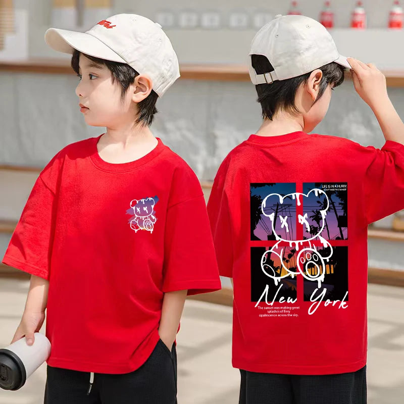 Korean Children's Clothes 2025 Summer Tops Art New York City Graphic T Shirts Cotton Baby Boys Short Sleeves Shirt Kids Clothes