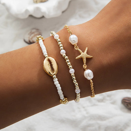 3Pcs Summer Shell Bracelet Set For Women – Bohemian Starfish, Pearl & Beaded Beach Jewelry Gift