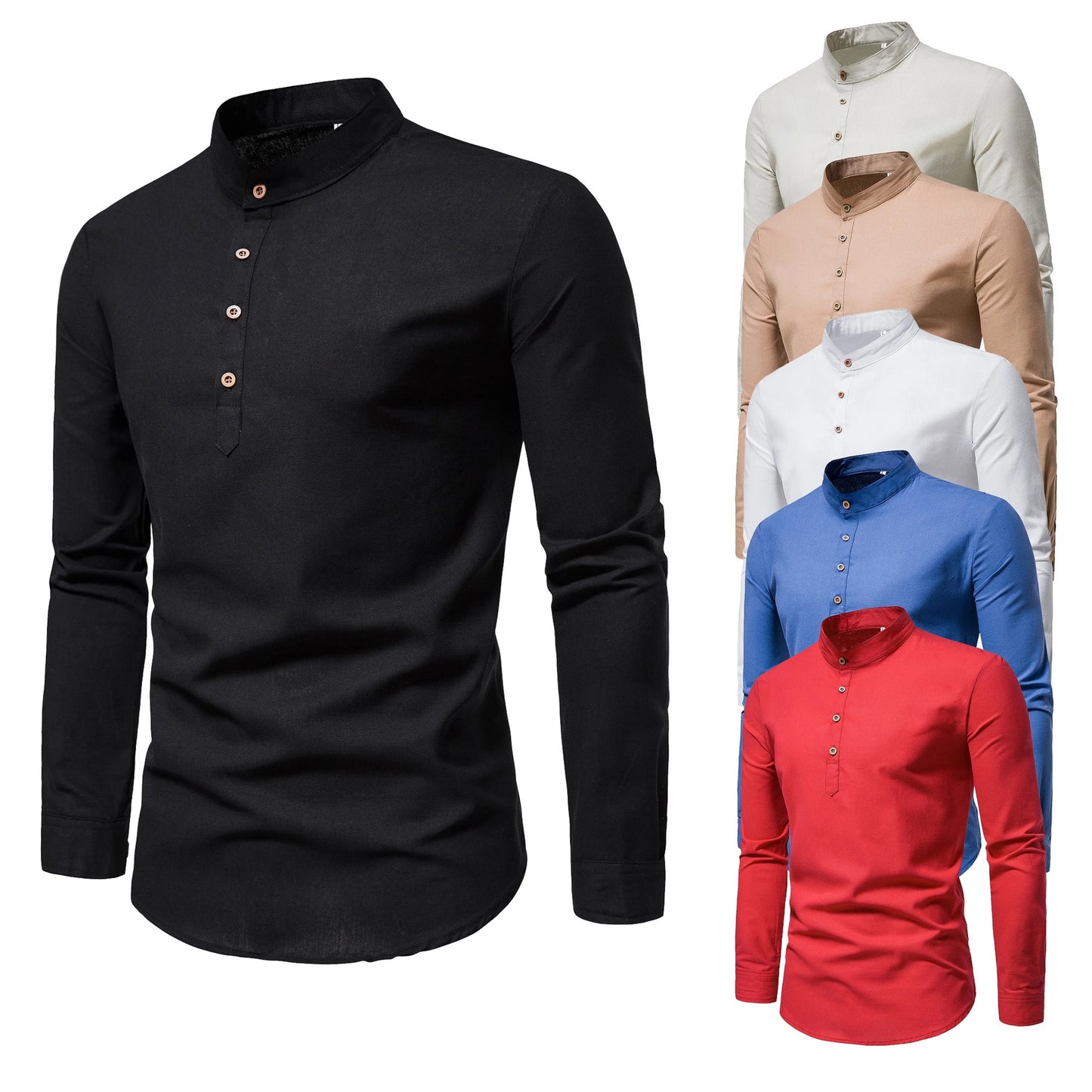 Spring and autumn men's pure cotton solid color shirts, elegant long-sleeved stand-up collar shirts, slim-fit men's shirts