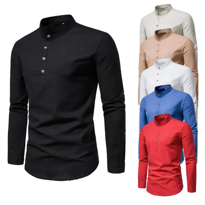 Spring and autumn men's pure cotton solid color shirts, elegant long-sleeved stand-up collar shirts, slim-fit men's shirts