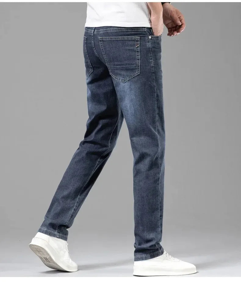 Summer Elastic Men's Jeans Fashion Gray Comfortable Business Straight Stretch Cotton Casual Denim Pants Brand Male Thin Trousers