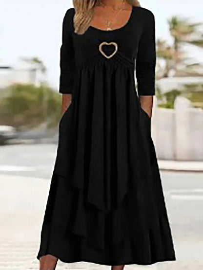 Elegant Office Women Patchwork Pockets Midi Dress Round Neck Basic Solid Long Sleeve Dress Lady Casual Summer Ruffles Club Dress