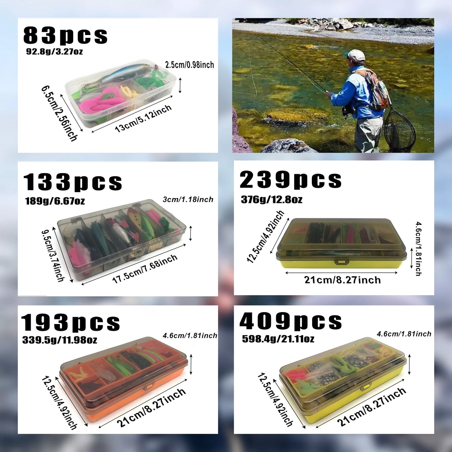 Fishing 83/133/193/239/409pcs Fishing Lure Kit For Trout/Pike/Bass Multi-Lure Fishing Set Layered Tackle Pro Gear Tackle Box