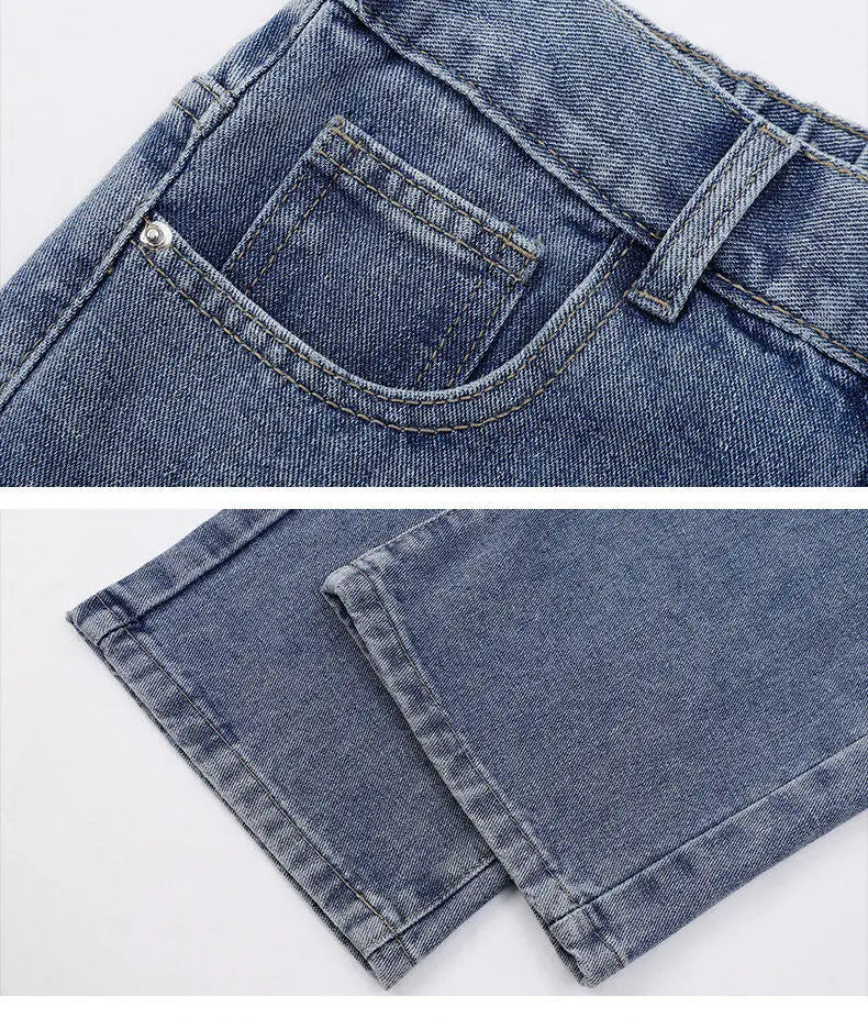 2025 New Korean Men's Casual Long Jeans Classic Man Straight Denim Wide-leg Pants Solid Color Light Blue Grey Black