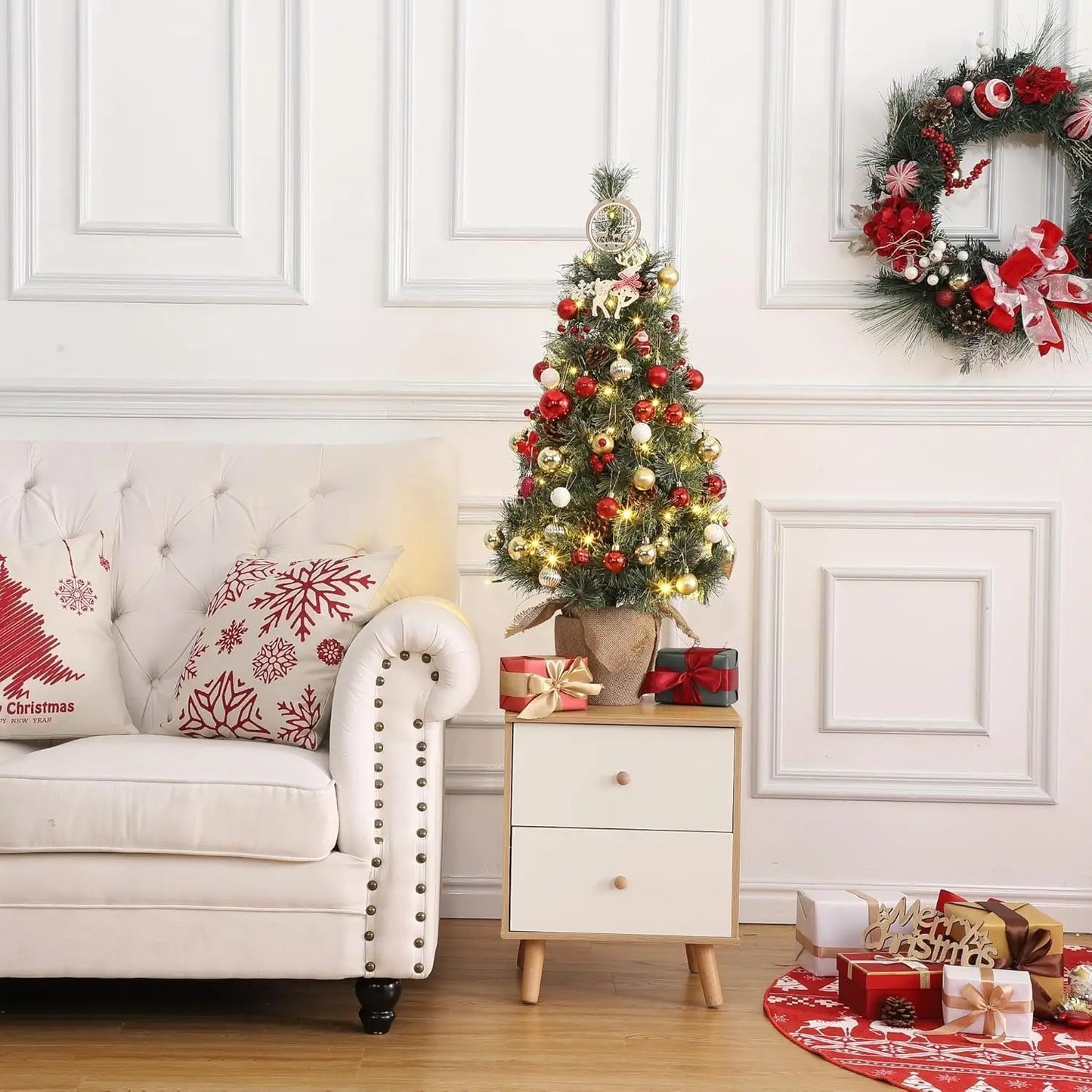 3 Ft Tabletop Prelit Christmas Tree, Small Lighted Xmas Tree with Burlap Base,Pine Cones,Red Berries,78 Led Lights