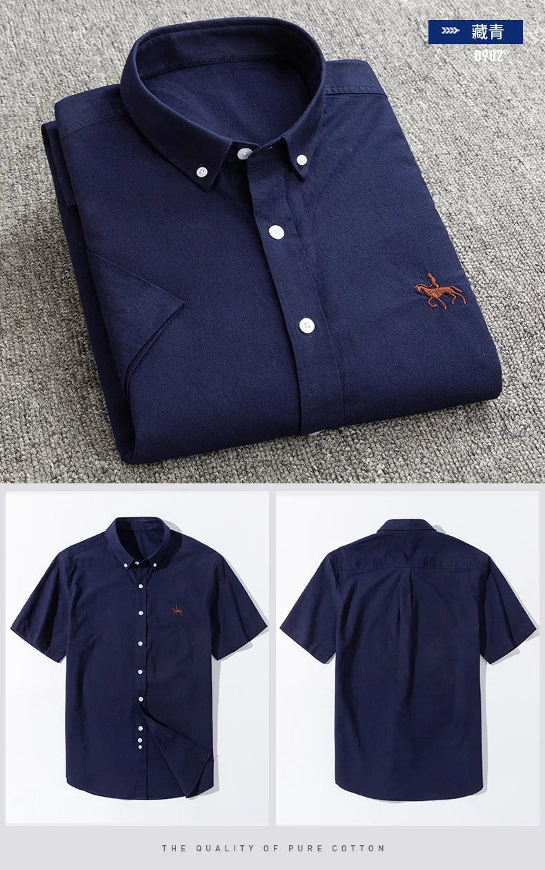 100% Pure Cotton Oxford Shirt For Men’s Short Sleeve Solid Stripe Leisure Embroidered Horse Social Business Formal Dress Shirts