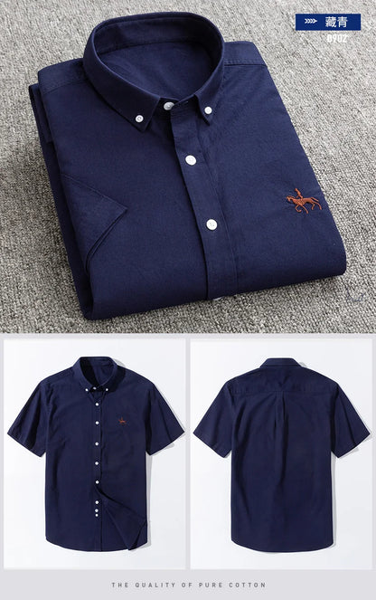 100% Pure Cotton Oxford Shirt For Men’s Short Sleeve Solid Stripe Leisure Embroidered Horse Social Business Formal Dress Shirts