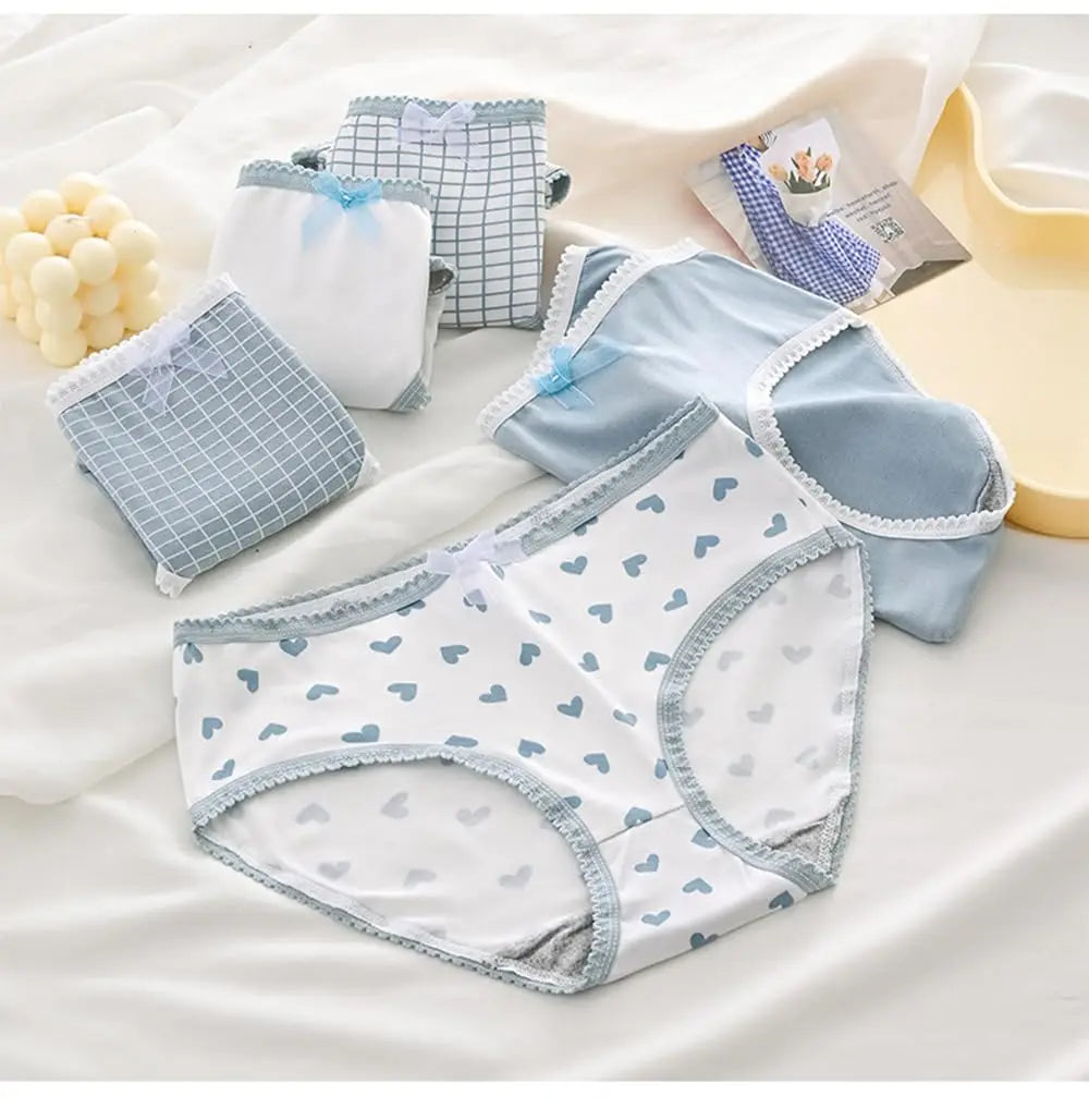 5pcs Women’s Cotton Panties Underwear Briefs Set Cute Bow Heart Plaid Print Soft Breathable Comfy Intimates Lingerie