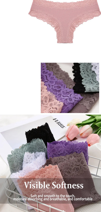 3/5PCS Lace Seamless Cotton Panties Ribbed Brazilian Pants Low Waist Women Panties Breathable Girls Underwear Plus Size Lingerie