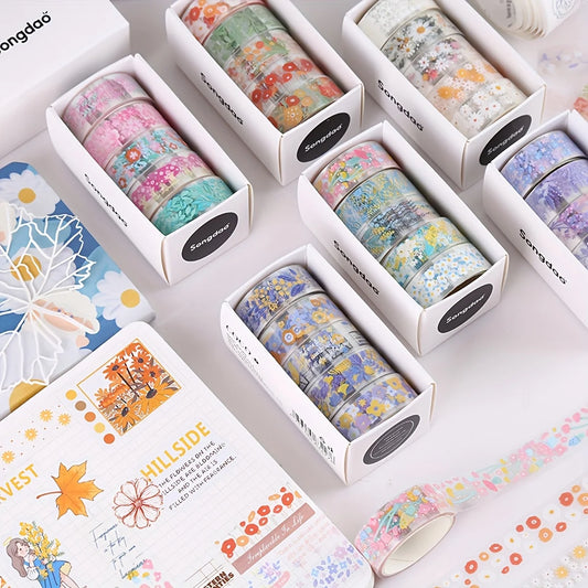 5 rolls/box of vintage flower washi tape, small floral transparent PET material decorative tape, a must-have gift for friends