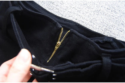 Denim Shorts Women Low-waisted Black Slim Fit Sexy Hot Girls Rivet Belt Design Unique All-match Nightclub Bodycon Summer Y2k