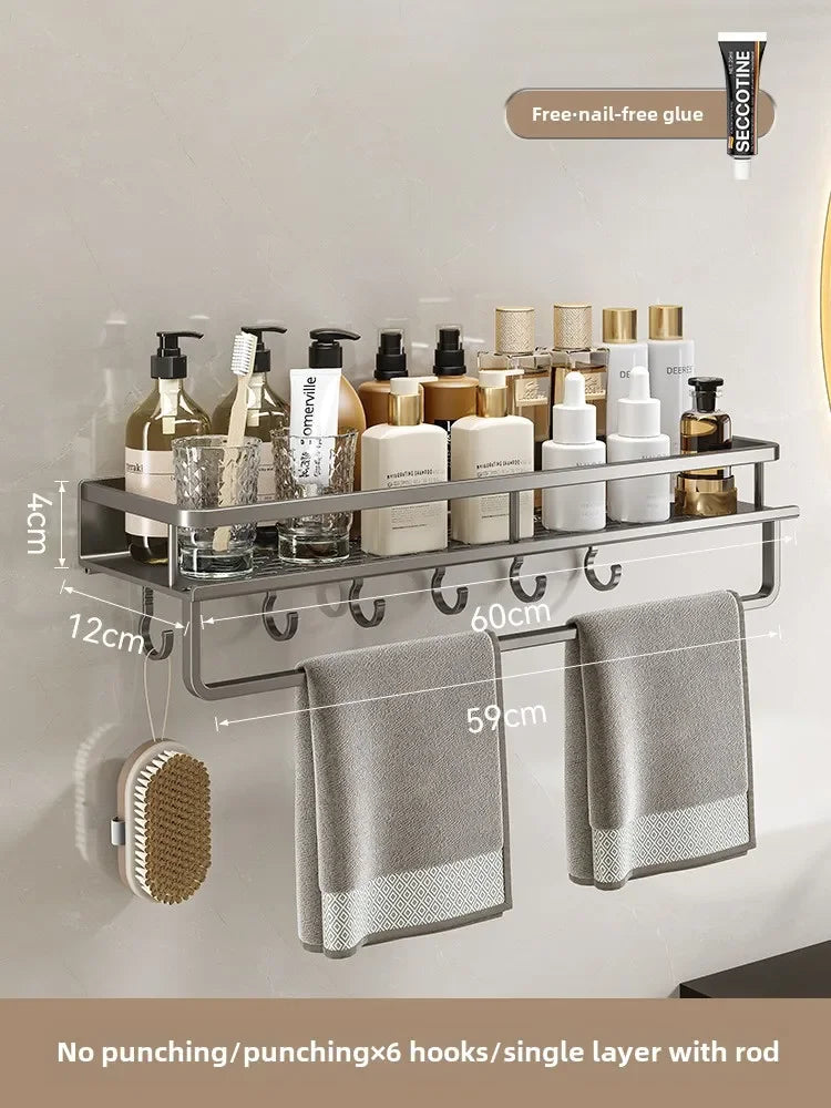 Bathroom storage rack, non perforated washbasin, hand washing and shower area, shower gel wall storage rack