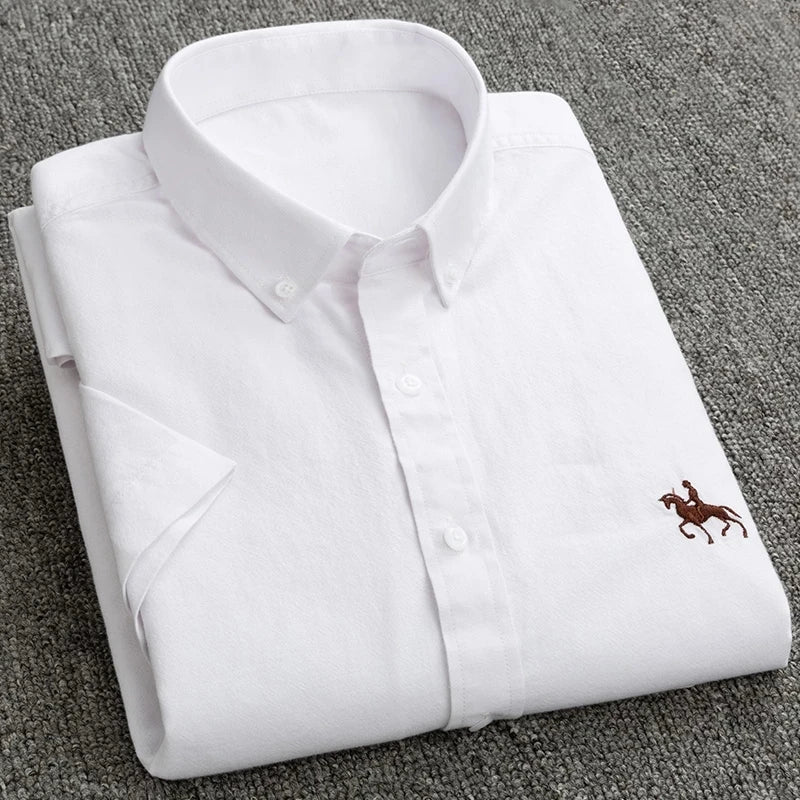 100% Pure Cotton Oxford Shirt For Men’s Short Sleeve Solid Stripe Leisure Embroidered Horse Social Business Formal Dress Shirts