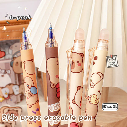 Cute Capybara Gel Pens - 6Pcs Kawaii Quick-Drying Blue Erasable Pen Set for Office, School & Aesthetic Stationery