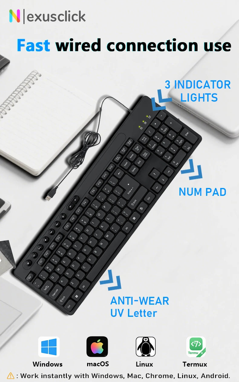 English Keyboard Mouse USB Wired Desktop Computer Keyboard Ergonomic Design Keyboard for Office Home PC Laptop Desktop