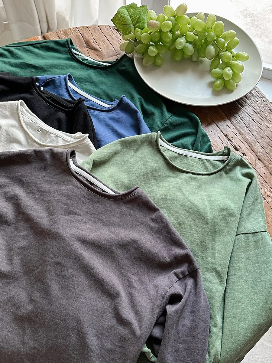 Korean Children's Clothes 2025 Kids Boys 0-3Y Baby Girls Cotton Solid Color Long Sleeve Loose Fit Base Layer Soft Wear Top