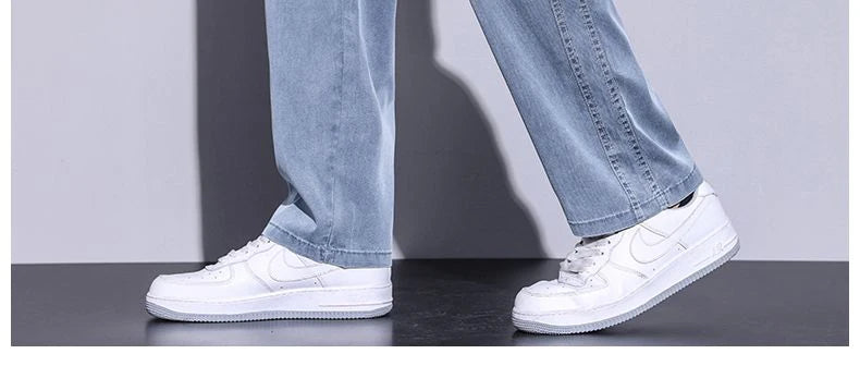 Summer soft Lyocell fabric men's jeans loose straight leg pants drawstring elastic waist Korean casual pants plus size M-5XL