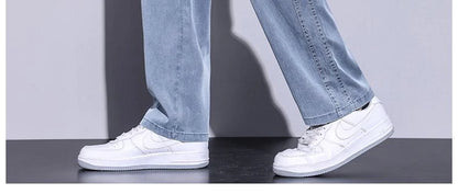 Summer soft Lyocell fabric men's jeans loose straight leg pants drawstring elastic waist Korean casual pants plus size M-5XL