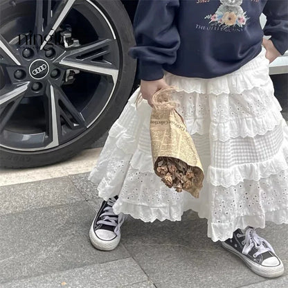 Kids Clothes For Girls Skirts Children Spring Lace Layered Dress Toddler White Casual Long Skirt Kids Fashion Clothing 2-8Y
