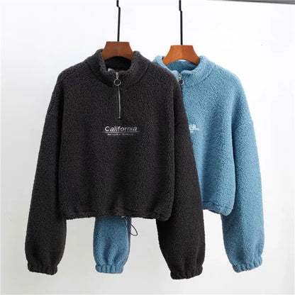 Women Letter Embroidery Stand Neck Fleece Cropped Hoodies Autumn Long Sleeve Drawstring Sweatshirt New Casual Plush Velvet Tops