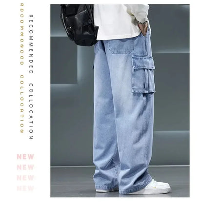 8XL Jeans New Wide Leg Washing Pants Men Trousers Neutral Solid Color Loose Casual Korean Fashion Pocket Plus Size Cargo Pant