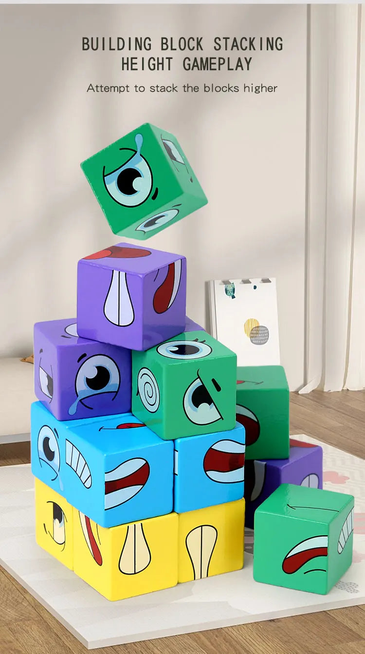 Kids Emotions Expression Game Wooden Cube Face Changing Board Cartoon Puzzle Toy Montessori Thinking Challenge Games