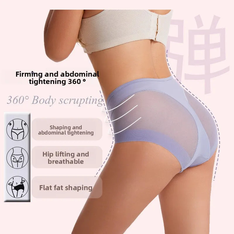 Sexy Mid Rise Womens Underwear Transparent Mesh Panties Waist Cincher Comfortable Ice Silk Large Size