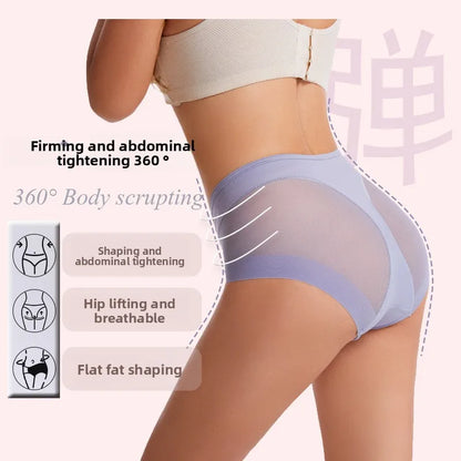 Sexy Mid Rise Womens Underwear Transparent Mesh Panties Waist Cincher Comfortable Ice Silk Large Size