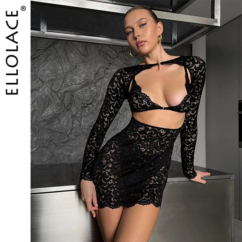 Ellolace Fantasy Sexy Female Lingerie Luring Bra Thong 2PC Set with Hollow Front Mini Dress Intimate See Through Woman Underwear