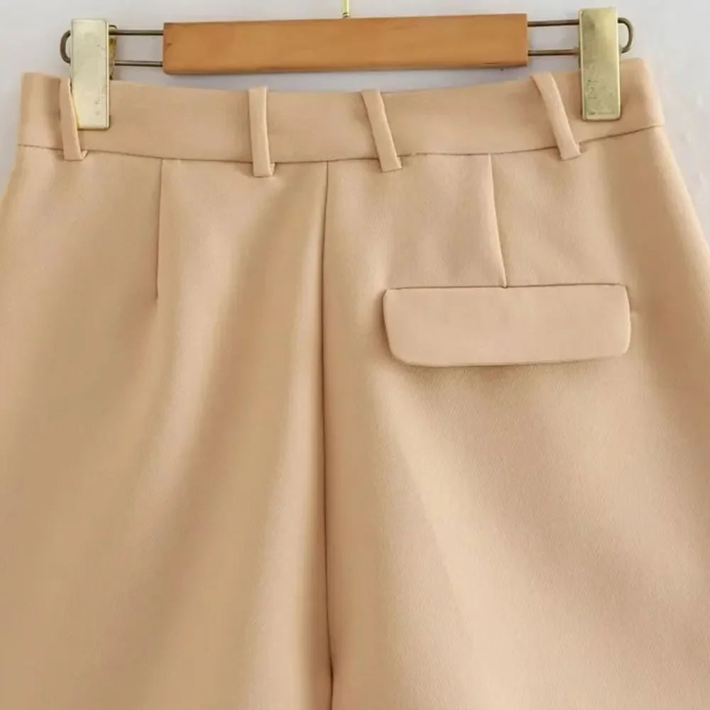 Mooyufon Women Fashion Side Pockets Front Darts Bermuda Shorts Vintage High Waist Zipper Fly Female Short Pants Mujer