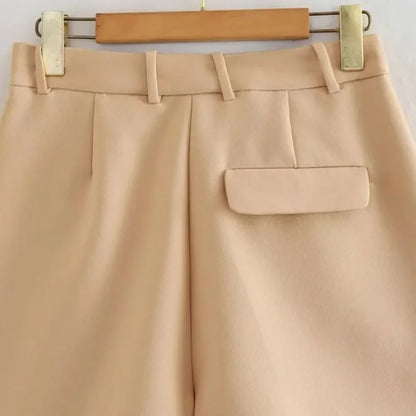 Mooyufon Women Fashion Side Pockets Front Darts Bermuda Shorts Vintage High Waist Zipper Fly Female Short Pants Mujer