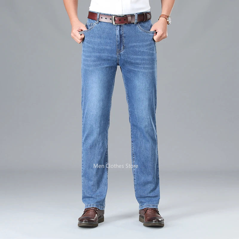 2024 Brand Thin or Thick Material Men's Elastic Cotton Jeans Fashion Gray Comfortable Denim Business Casual High Waist Pants