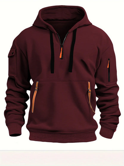 Men's Casual Sports Hoodie Spring Autumn Fashion Solid Color Long-Sleeved Pullover with Arm Pocket And Pull Rope plus Size