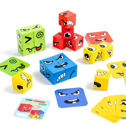 Kids Emotions Expression Game Wooden Cube Face Changing Board Cartoon Puzzle Toy Montessori Thinking Challenge Games