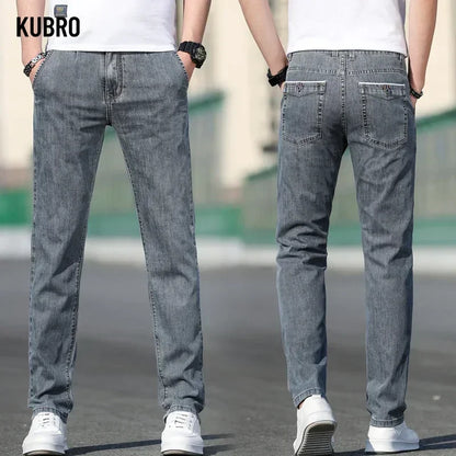KUBRO 2024 Summer New Men's Loose Stretch Gray Jeans Fashion Casual Stretch Straight-leg Denim Pants Male Light Blue Brand