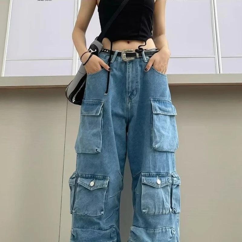 Trendy Women's Denim Workwear | Street Style Black & Grey Multi-Pocket Jeans | American Casual High-Waist Functional Design