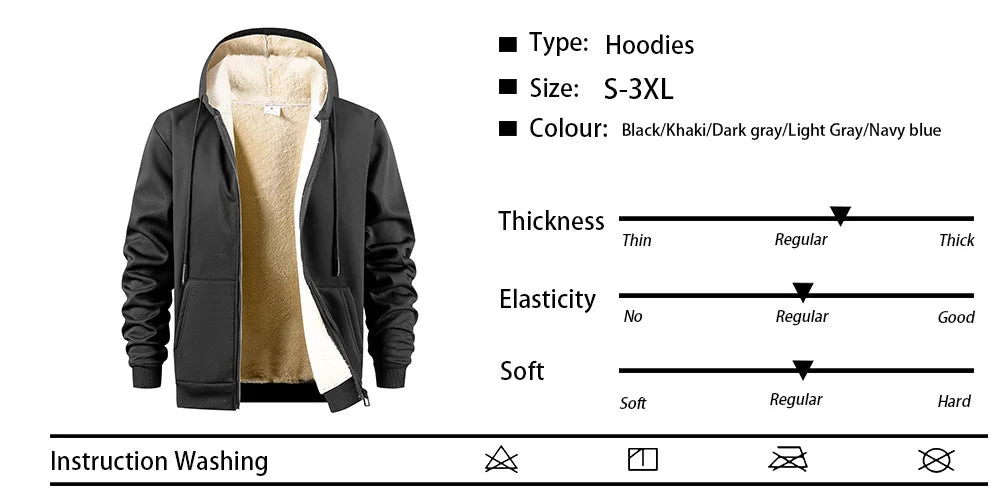 Men's Winter Zipper Jacket Fleece Warm Hoodies Heavyweight Cardigan Casual Sports Long Sleeve Sweatshirts Windproof Hooded Coat