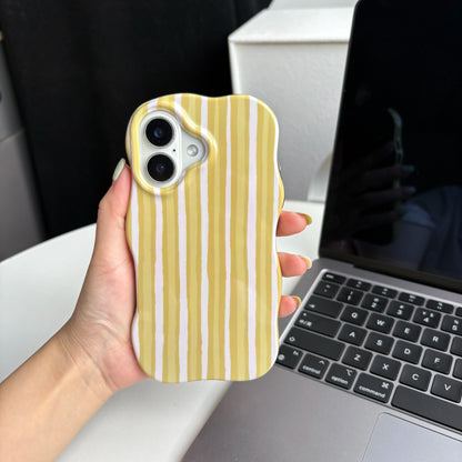 Fashion Simple Green Yellow Stripes Wavy Edges 2-in-1 Glossy Soft Protective Phone Case Cover for iPhone 16 15 14 13 12 Pro Max