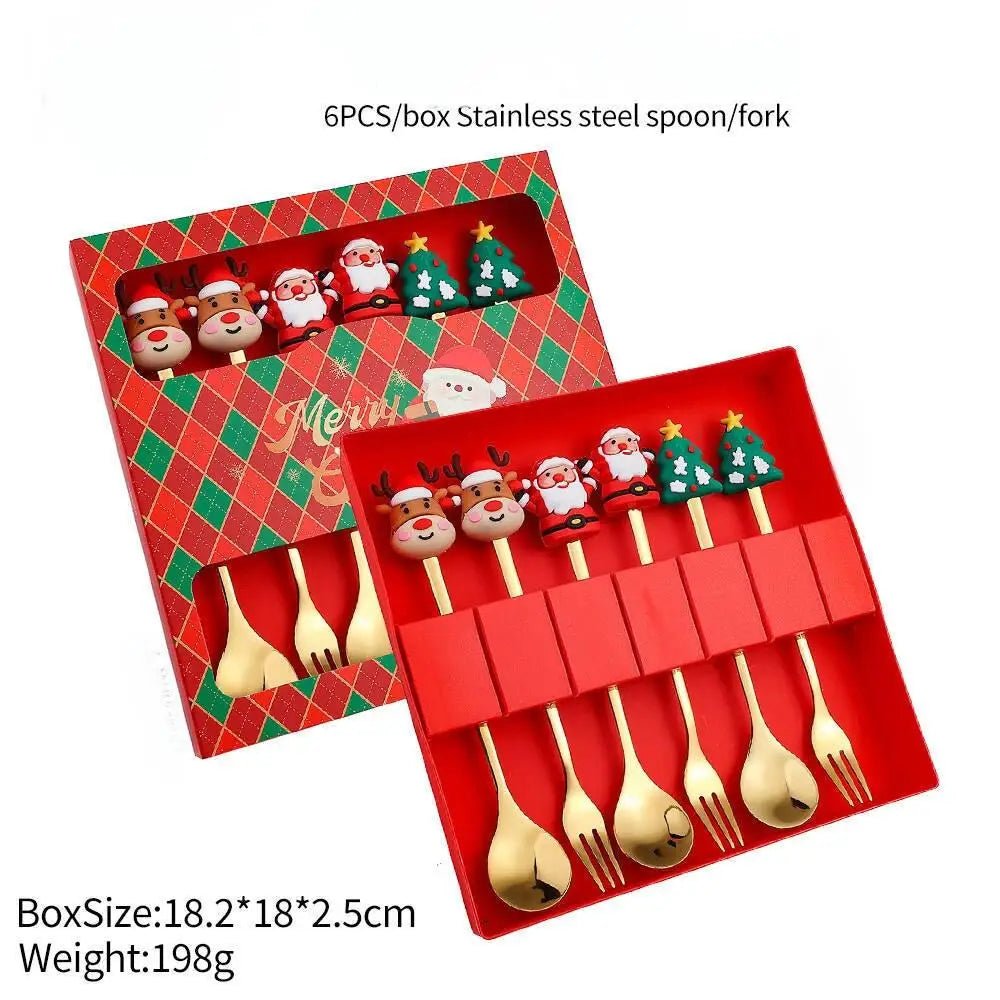 Christmas Themed Cutlery Set Stainless Steel Creative Cartoon Knife Fork Spoon 2/4/6pcs Set Holiday Gift Cutlery Decoration