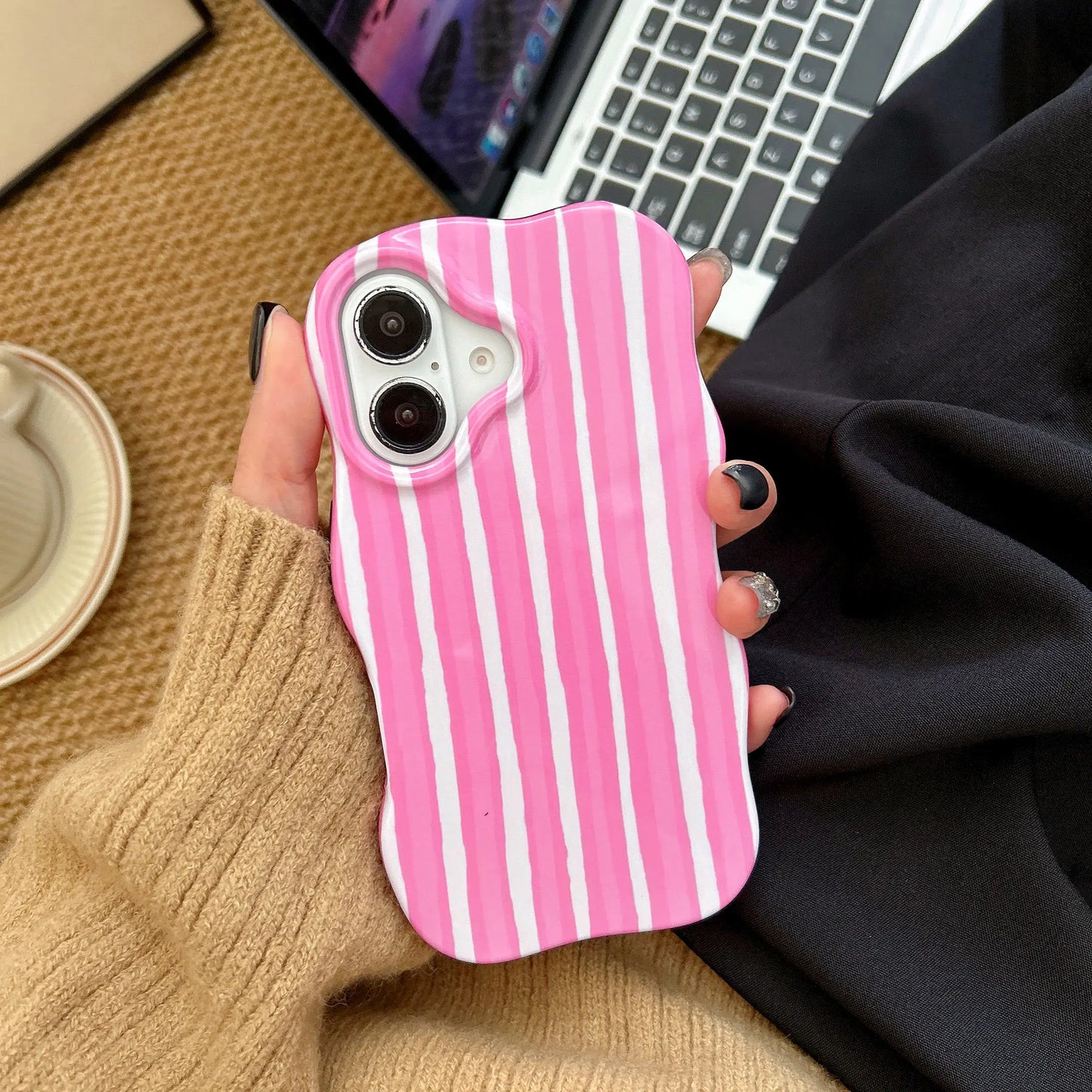 Fashion 2 in 1 Glossy Stripes Phone Case for iPhone 13 14 15 16 Pro Max Wave Edges Comfortable Touch Hard Slim Back Cover Shell