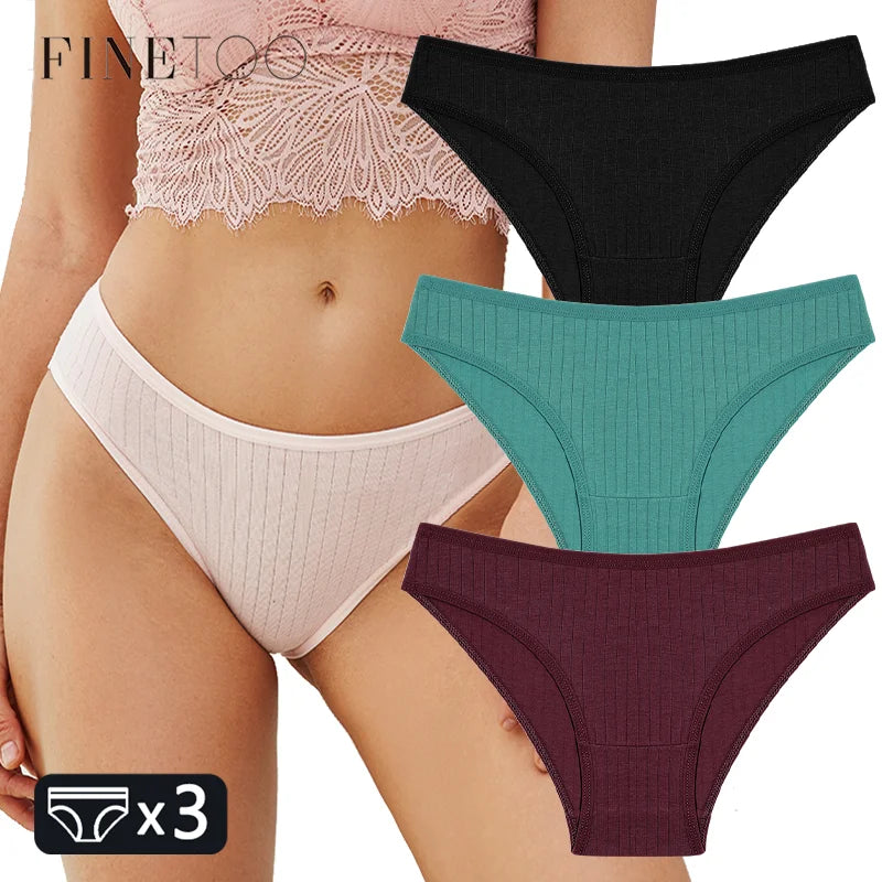 FINETOO 3PCS/SET Women's Cotton Panties Soft Striped Underpants Sexy Solid Color Briefs Female Comfortable Stretch Lingerie M-XL