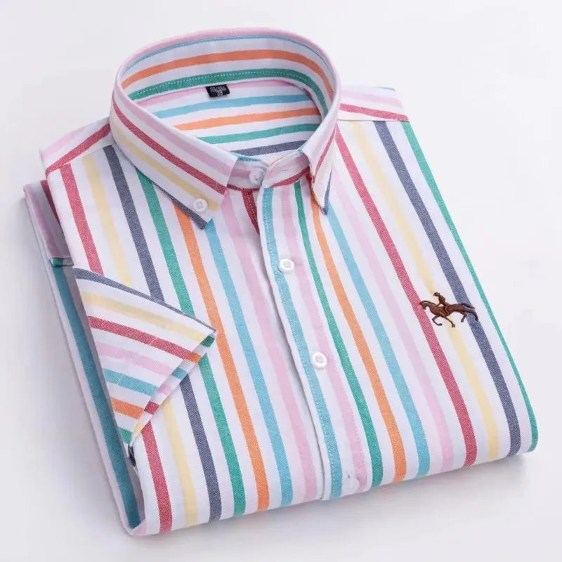 100% Pure Cotton Oxford Shirt For Men’s Short Sleeve Solid Stripe Leisure Embroidered Horse Social Business Formal Dress Shirts