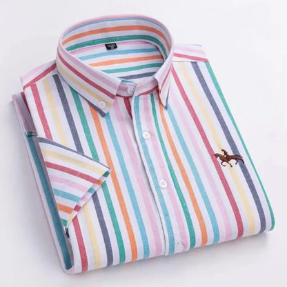 100% Pure Cotton Oxford Shirt For Men’s Short Sleeve Solid Stripe Leisure Embroidered Horse Social Business Formal Dress Shirts